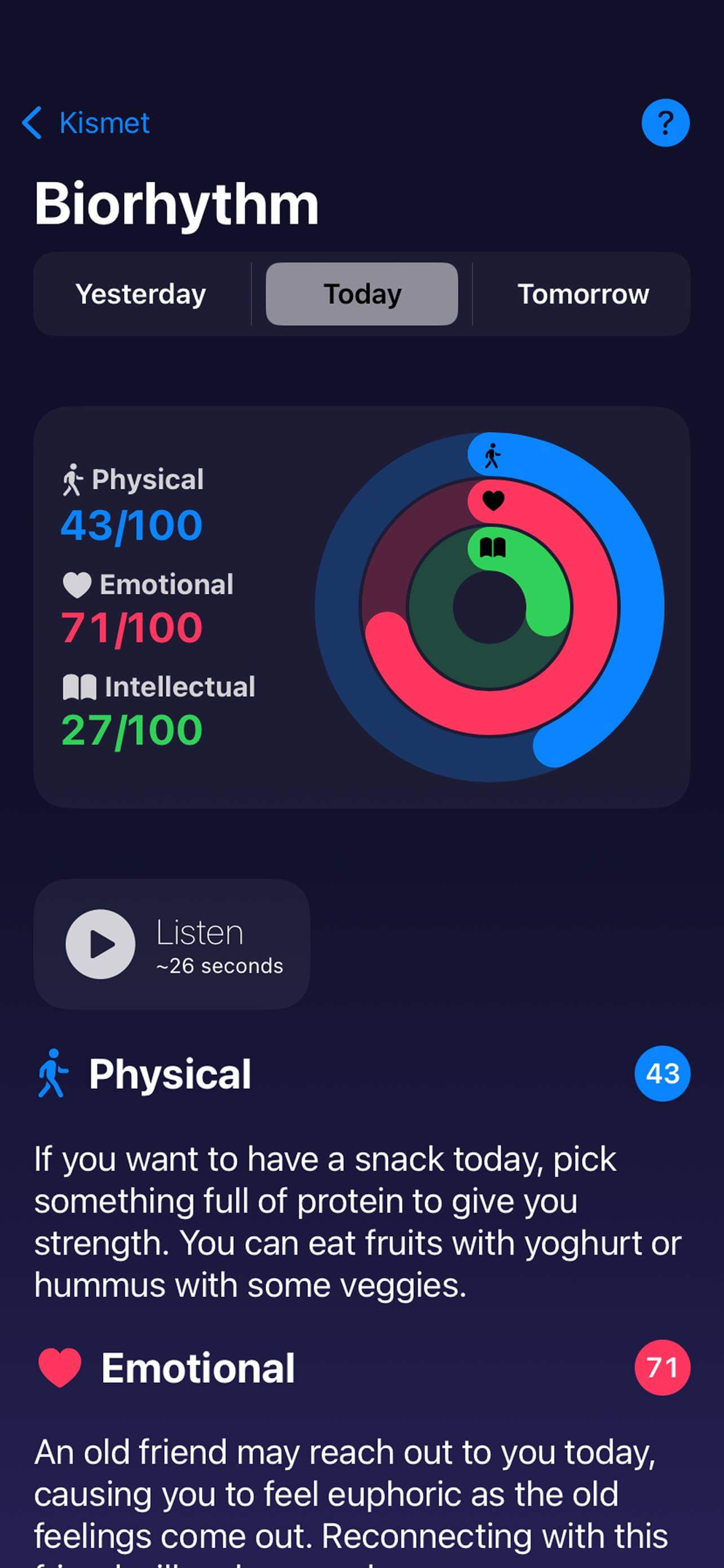 Kismet biorhythm screen